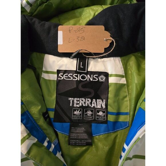 Sessions Terrain Striped Jacket Green & Blue Hooded Waterproof skiing snowboard - Picture 12 of 16